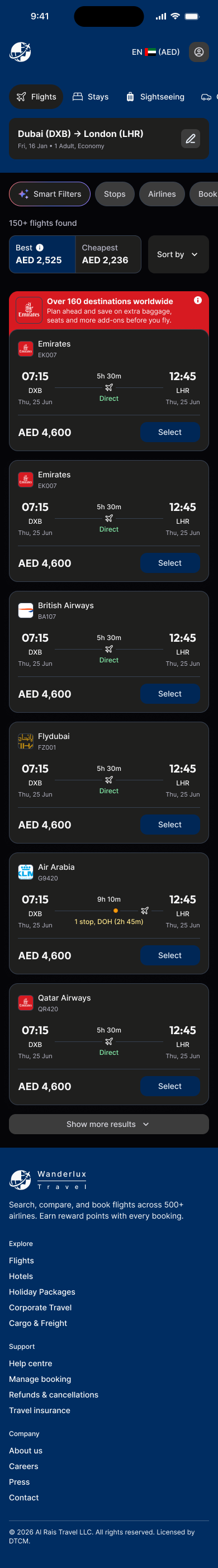 Flight Search Results Mobile Dark