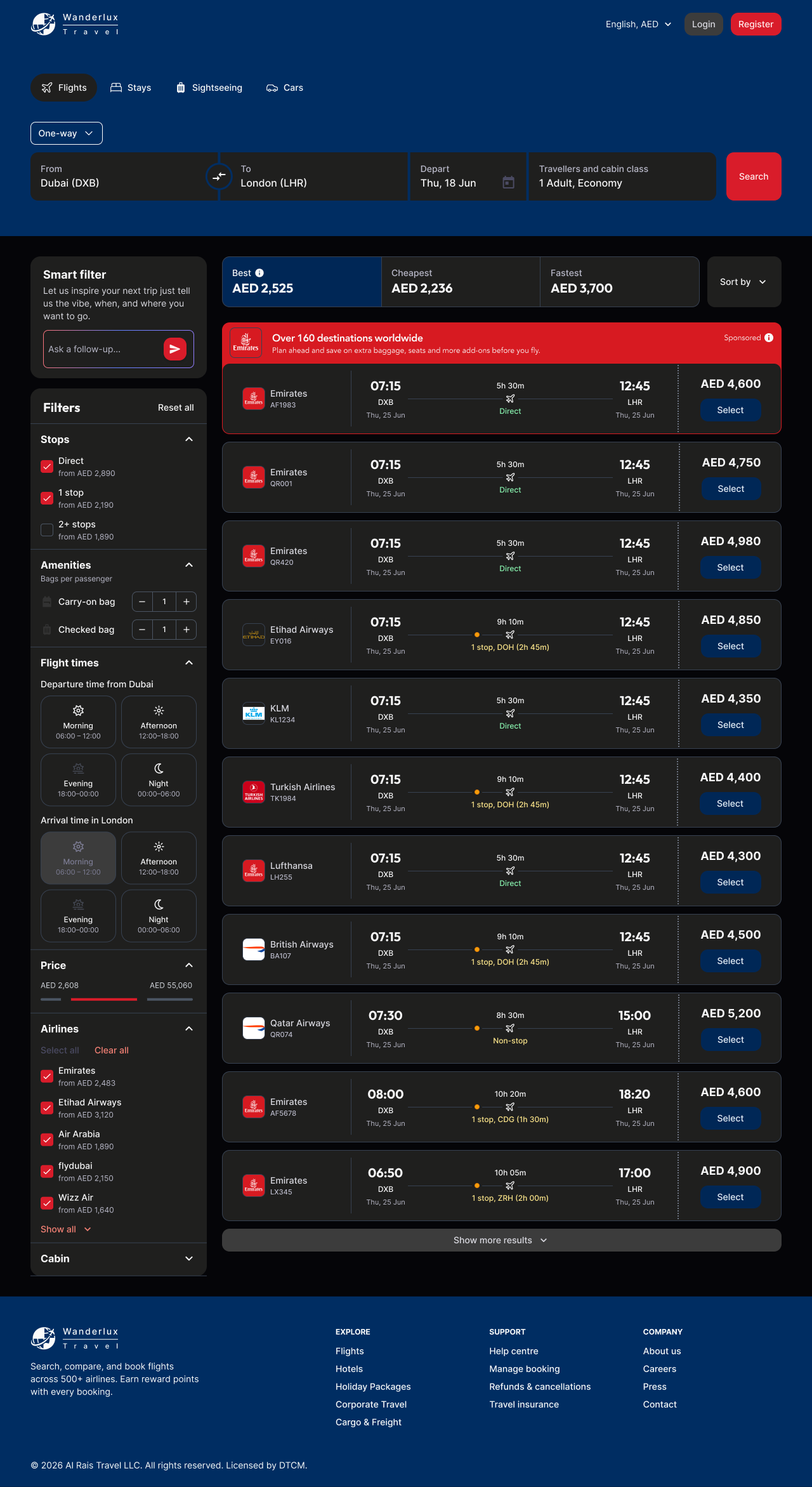 Flight Search Results Desktop Dark