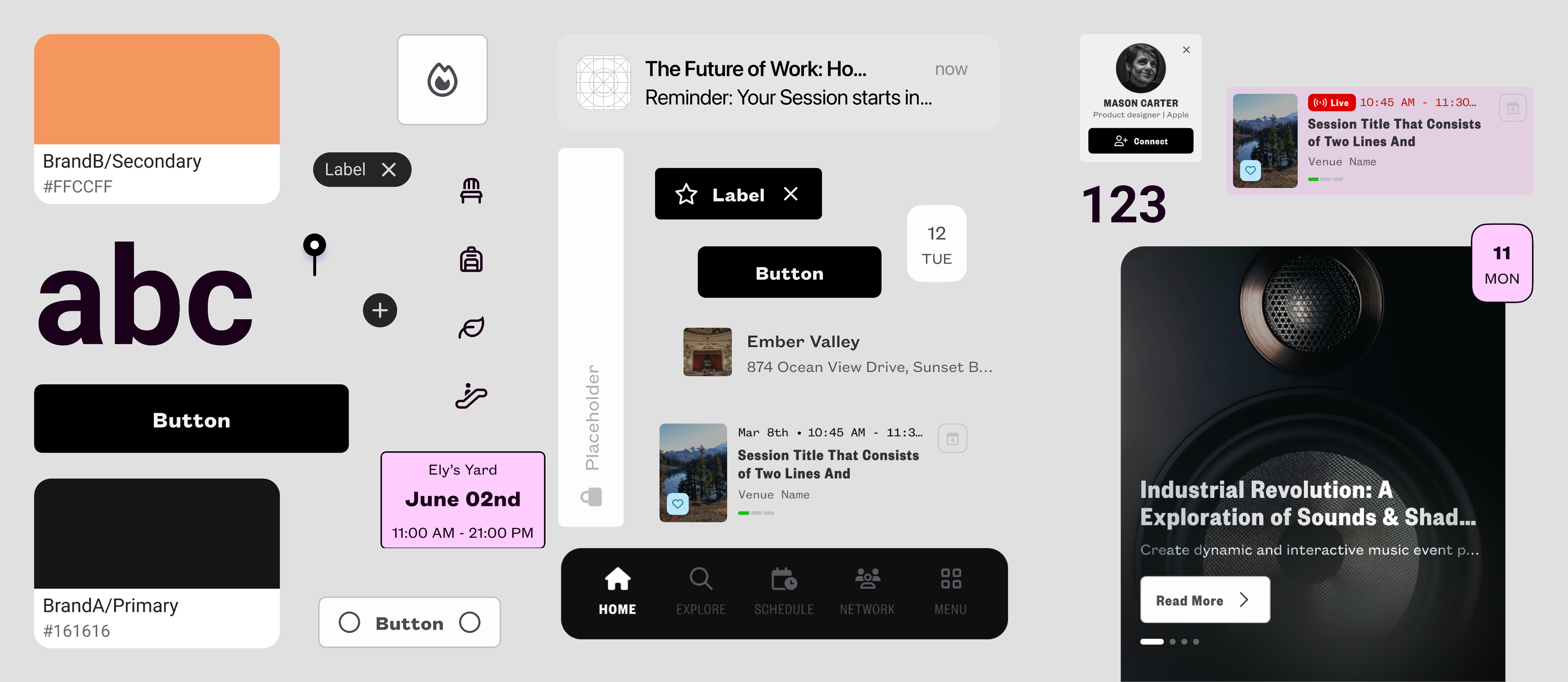Component library structure showing atomic design methodology with atoms, molecules, organisms, and templates